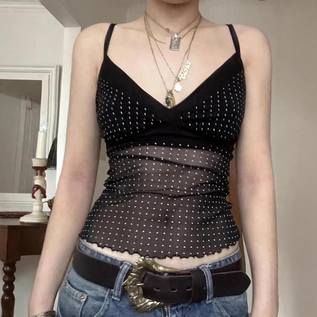 Sexy Polka Dot See-through Mesh Tank Top Women V Neck Ruffle Halter Crop Tops Camisole Female Tube Top Cropped Vest