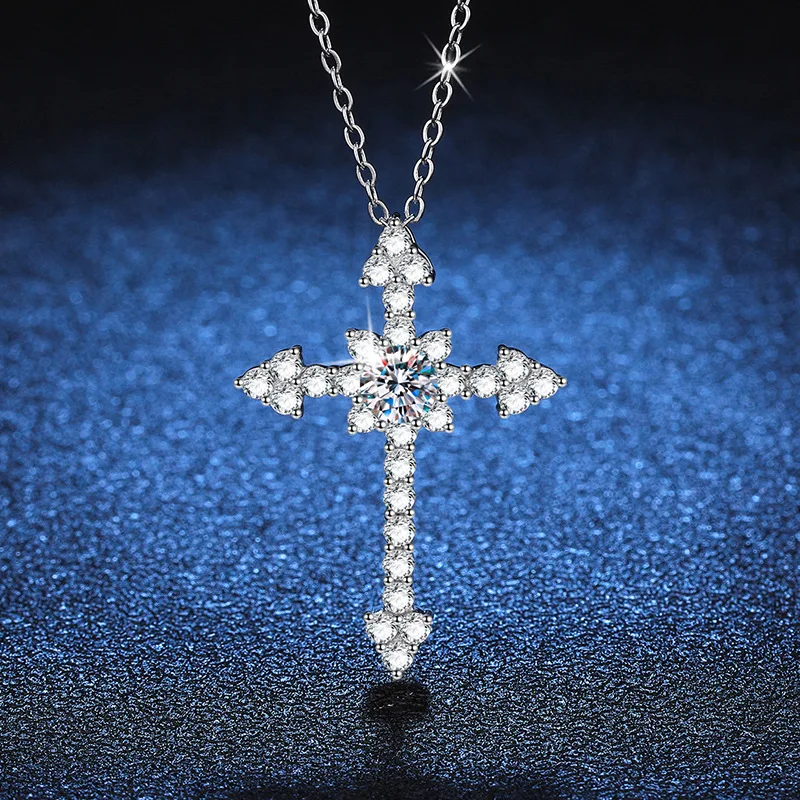 Women's PT950 Platinum Necklace - Full-Diamond Cross Moissanite Design, 50 Points & 1 Carat Options, Elegant Daily Jewelry