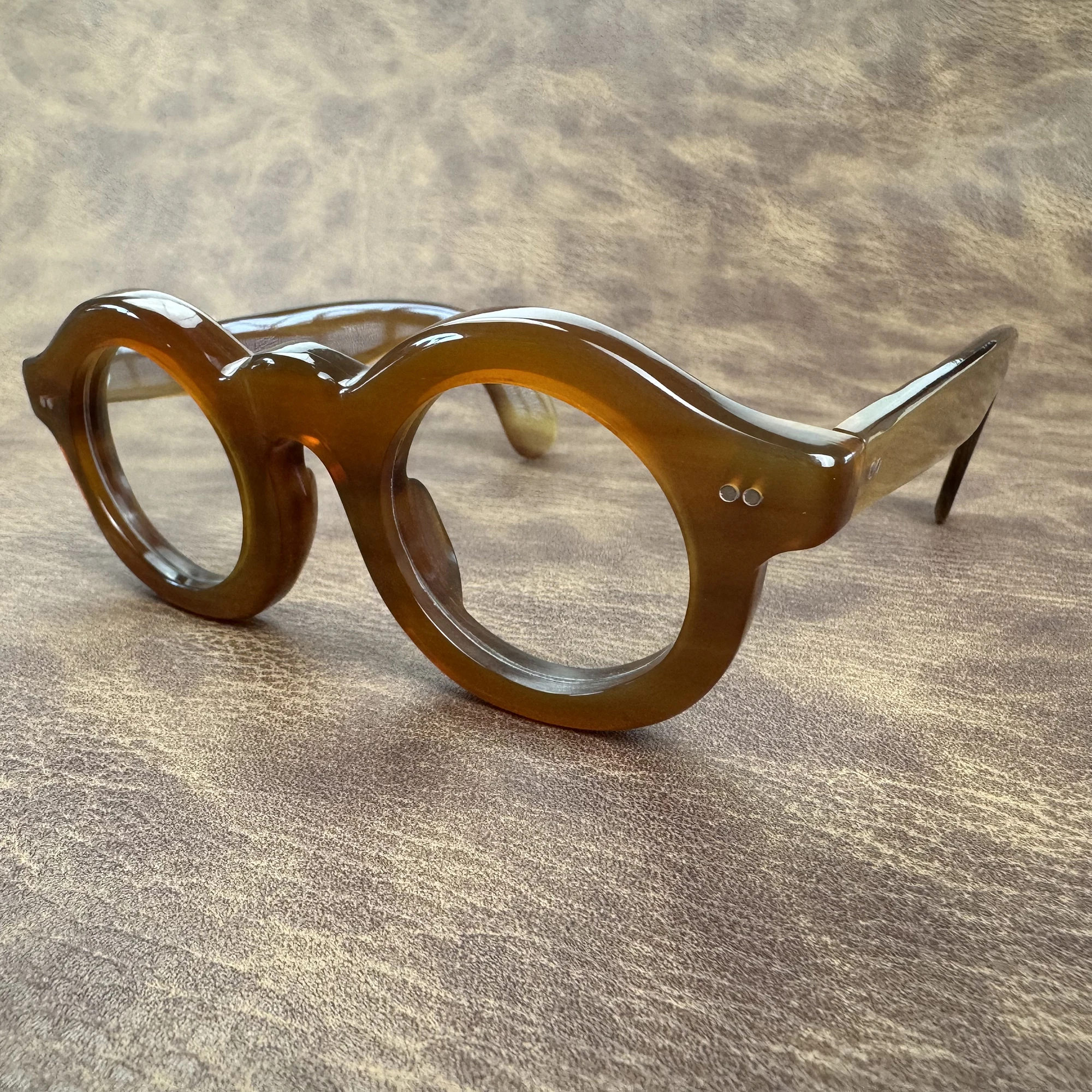 Man Eyeglass Frames Unique Handmade Light Coffee Horn Prescription Eyeglasses Round Thick Vintage Reading Men's Glasses Frame