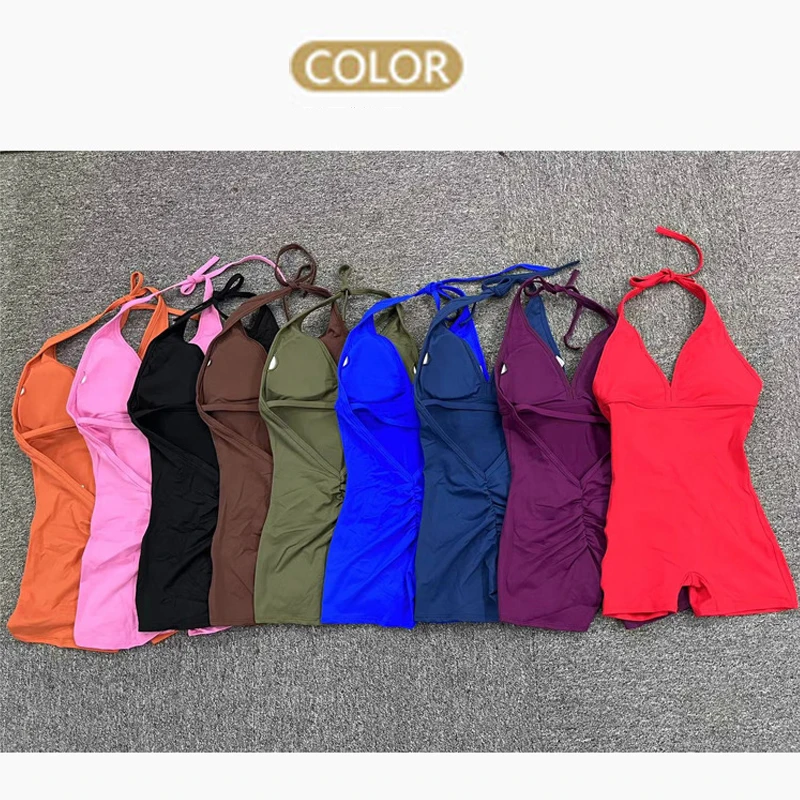 New Women\' One piece jumpsuit V-shaped chest Tie rope tie Shorts Fitness Overalls with Padding Workout Clothes Gym Sets