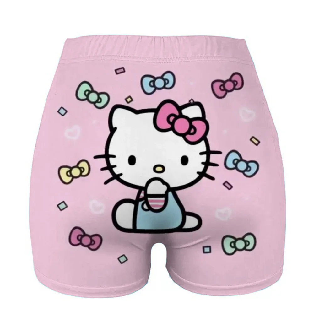 여성 여름 신상 캔디 컬러 안티 헬로키티 프린트 스키니 반바지 캐주얼 여성용 밴딩 허리 비치 코렌도 반바지
