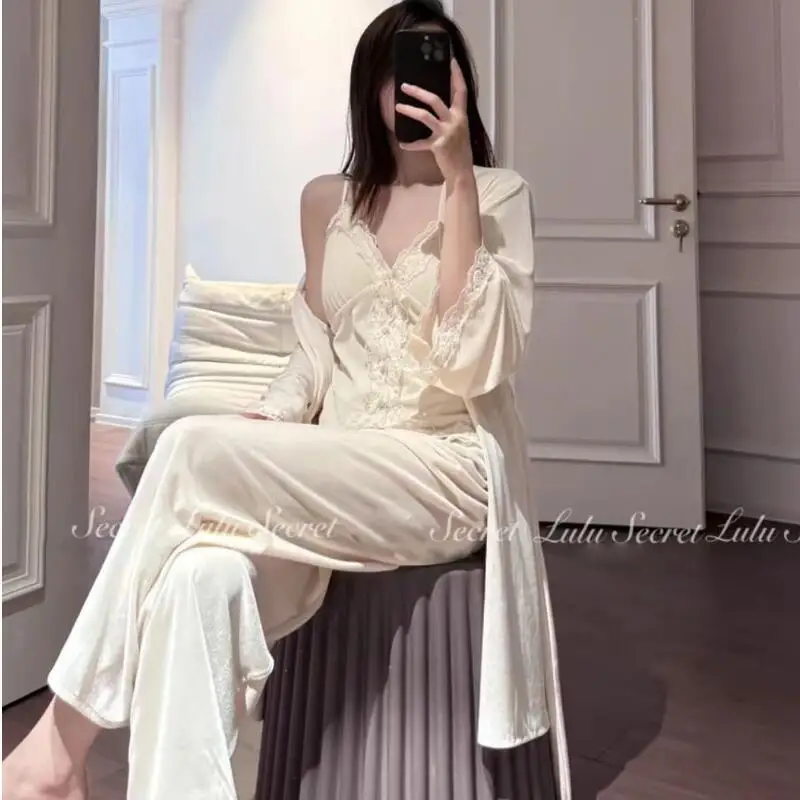 

Sexy Straps Leisure Wear Spring and Autumn Seasons Velvet Lace Lace Bring A Cardigan Three-Piece Set Pajamas Dopamine New Style