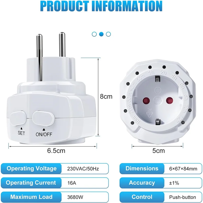T98C-LED Display Timer Switch Socket, 12 Time Ranges, 2 Button Countdown Function Status For Lighting And Household EU Plug