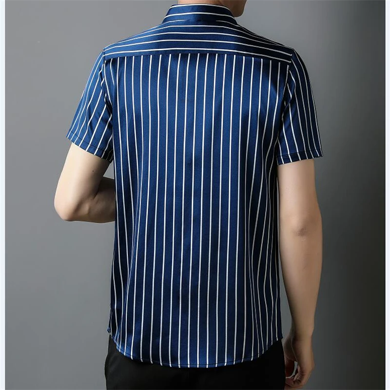 Classic Striped Real Silk Luxury Men Shirt Short Sleeve Handsome Summer Quality Soft Comfortable Premium Casual Camisa Masculina