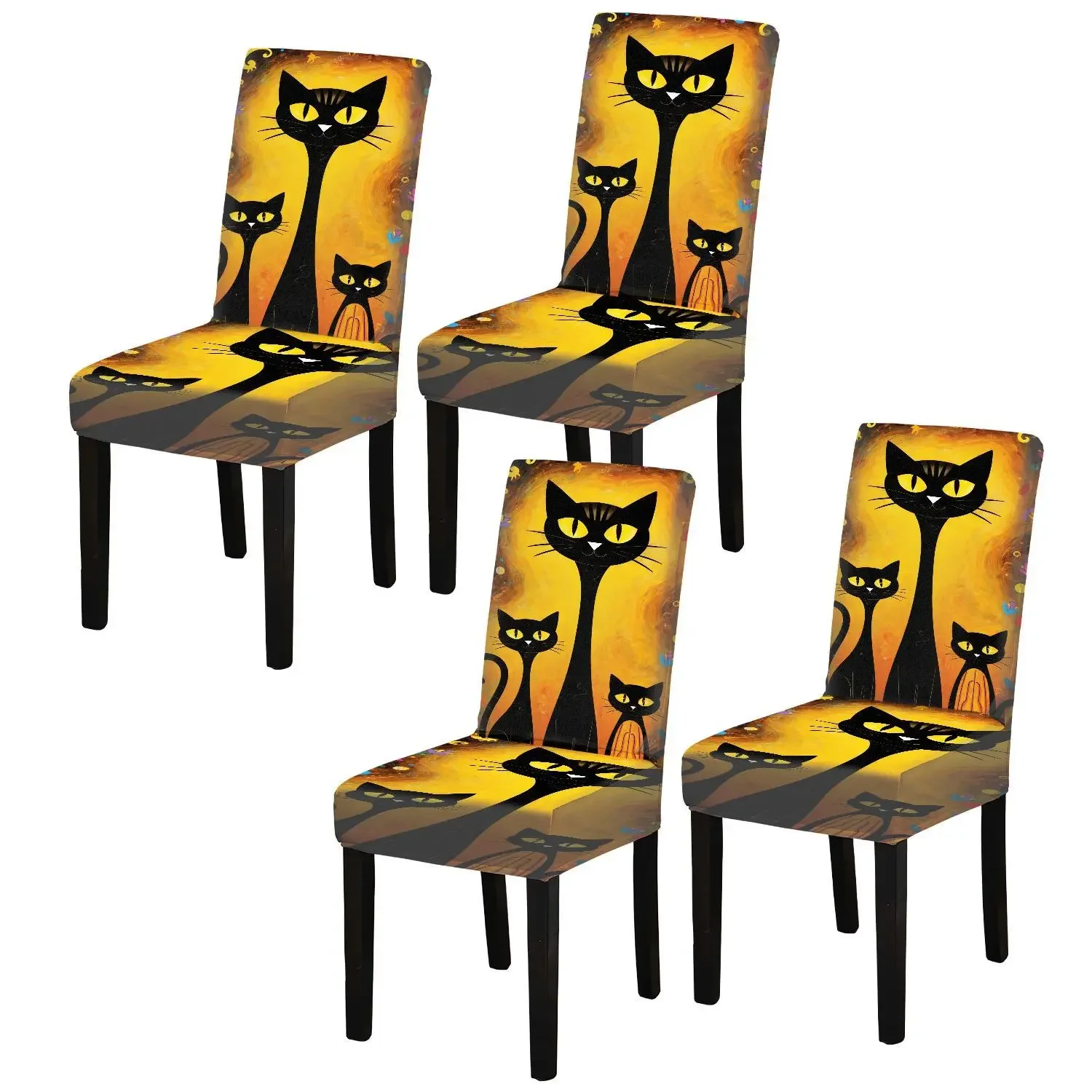 Elastic dining chair cover Three black cats dream illustration pattern removable, washable, home dining chair cover