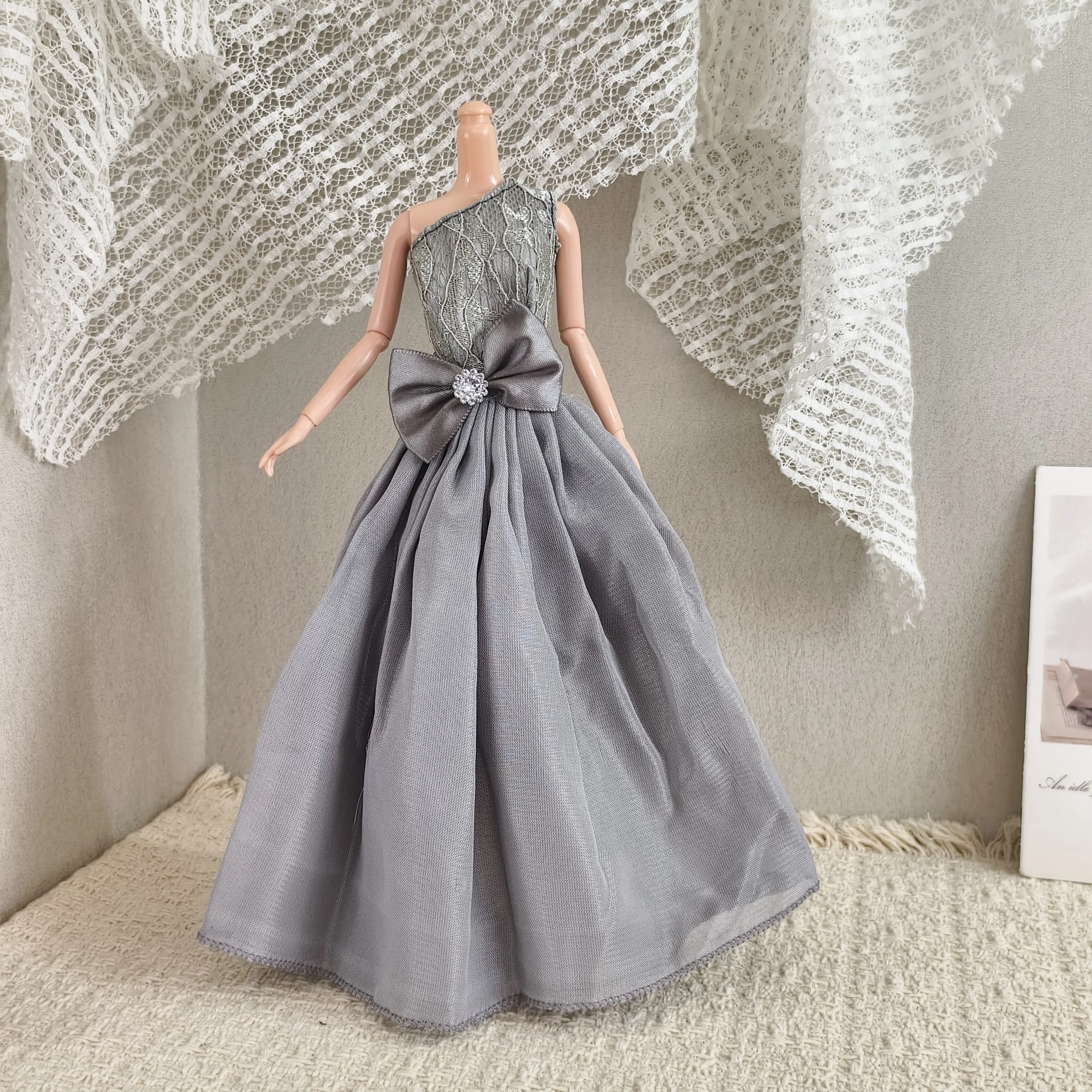 1/6 Doll Clothes Accessories Silver With Side-shoulder Bow Evening Gown Elegant Dress For FR 30cm Babi Supermodel Doll Dress Up