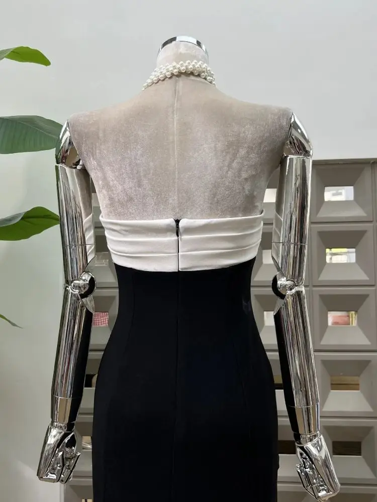 Vestidos de mujer Sexy elegante moda ceñido al cuerpo franjas de diferente Color sin tirantes sin espalda recortado Fiesta Club vestido de noche vestido largo nuevo