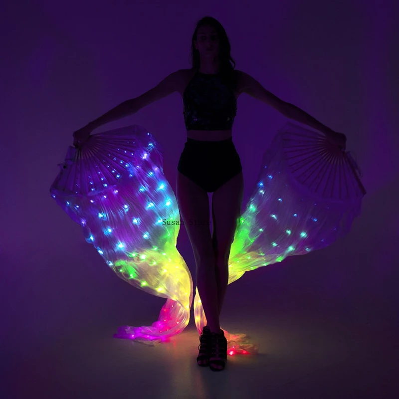 LED a colori danza del ventre ventaglio di seta velo accessori per spettacoli teatrali ventagli lumineosi per matrimoni feste danzanti