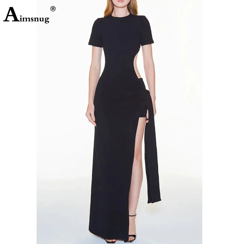 AimsnDPRobe longue sexy à lacets pour femmes, robe longue femme, col rond, coupe haute fendue, évider, robes maxi, solide, ingent, mince, 2024