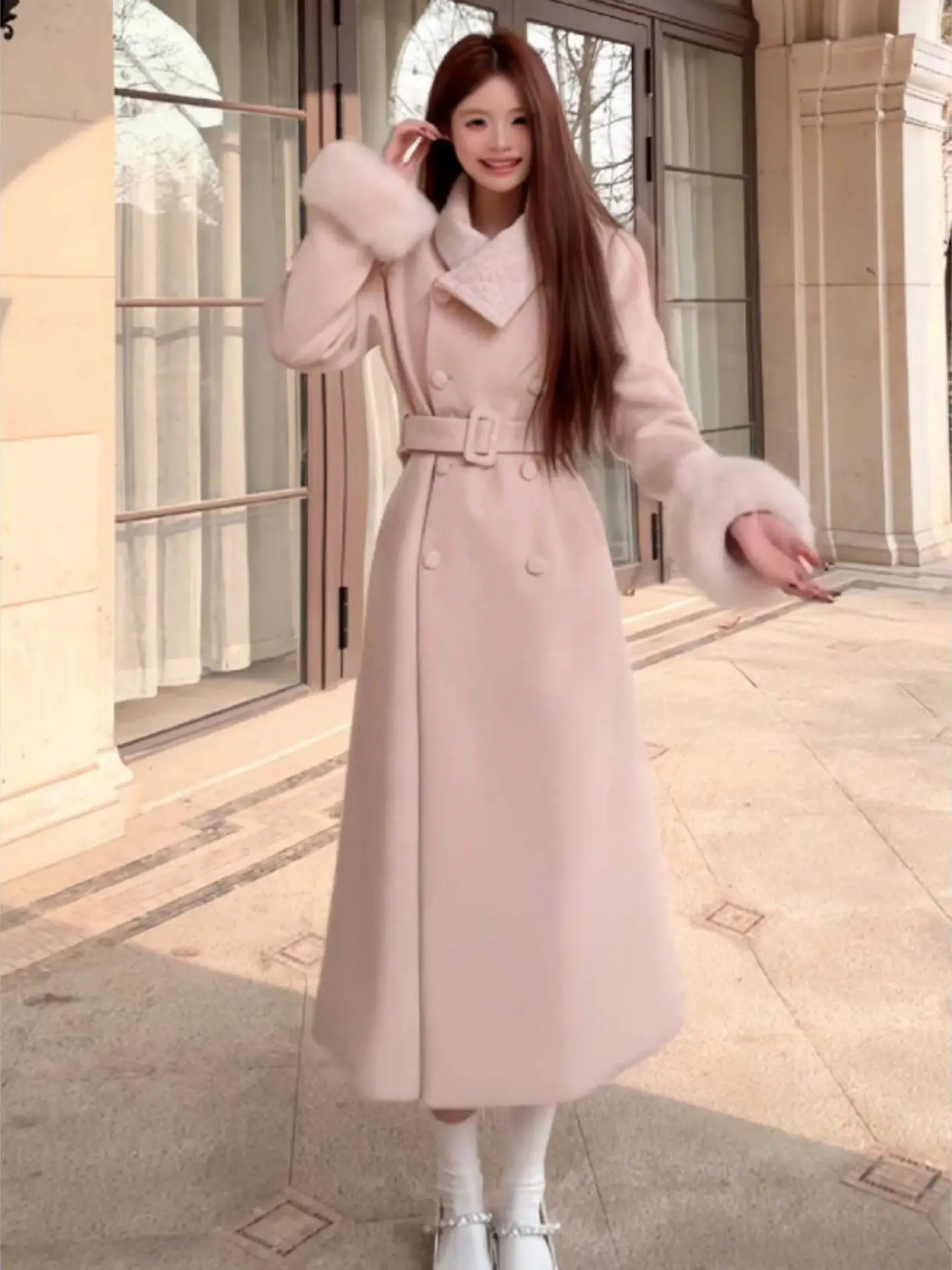 

Розовая длинная юбка трапециевидной формы с застежкой на талии и воротником, модная корейская юбка трапециевидной формы с высокой талией и пуговицами, зимнее новое поступление