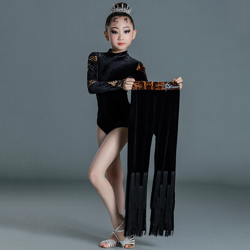 Vêtements de danse latine d'hiver pour enfants, hauts en velours noir pour filles, pantalons à glands, costume Cha Cha, vêtements d'entraînement de danse