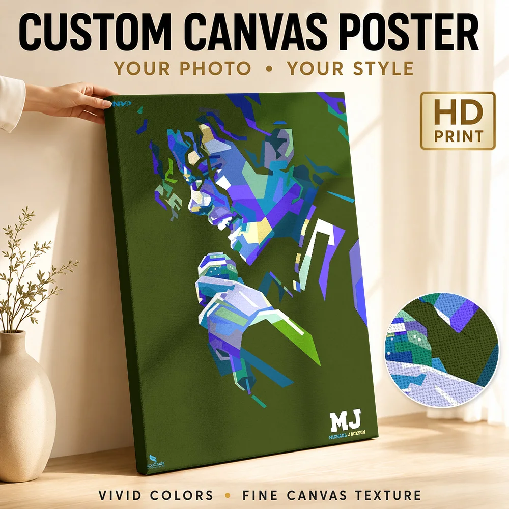 Michael Jackson Singing Into Microphone Framed Canvas Poster Customized Photo Green And Blue Color Blocks Wall Art For Bedroom