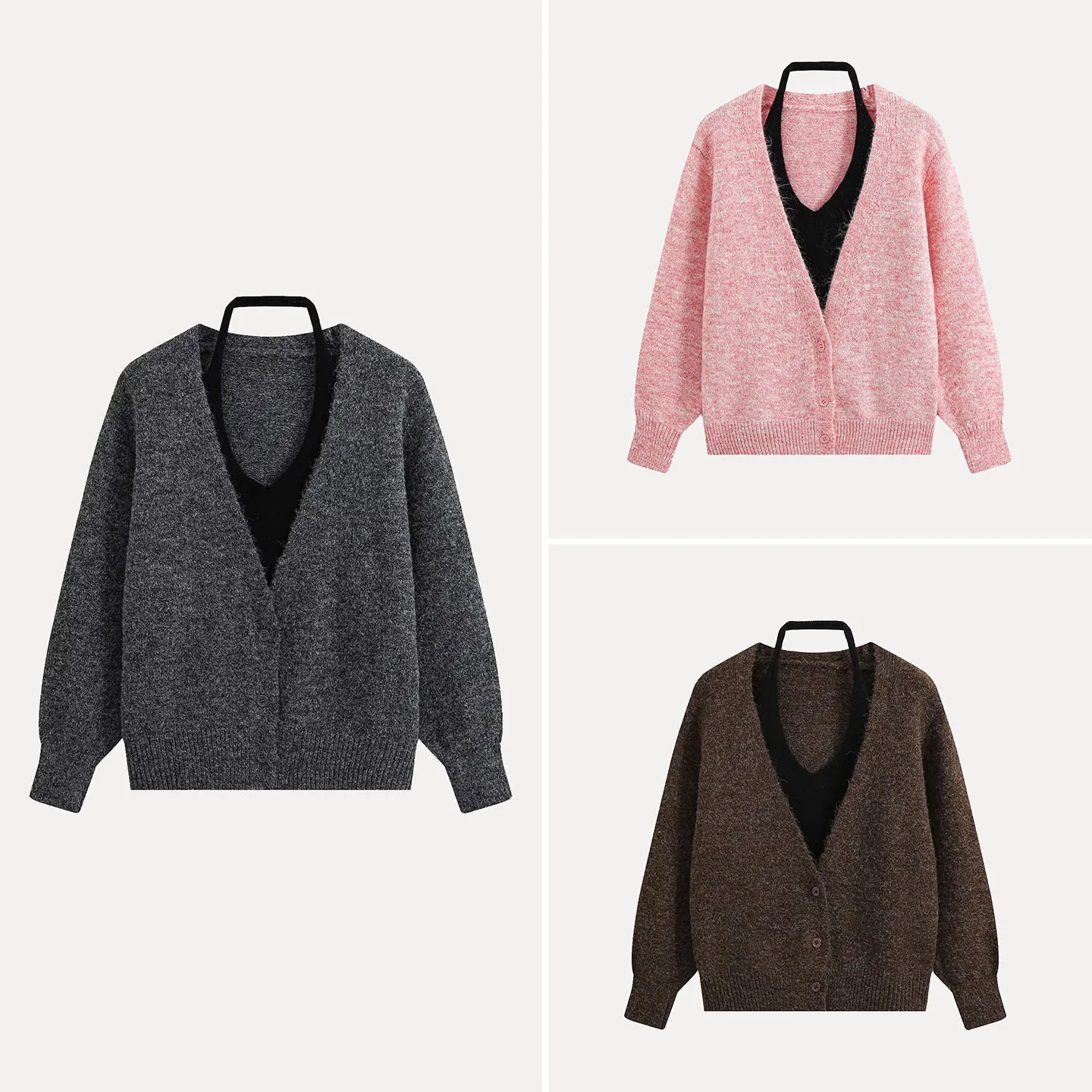 Women's Fashion Knitted Double Layered Multi-Color Hanging Neck Coat Casual Loose Fit Autumn New Arrival Inner Liner Top