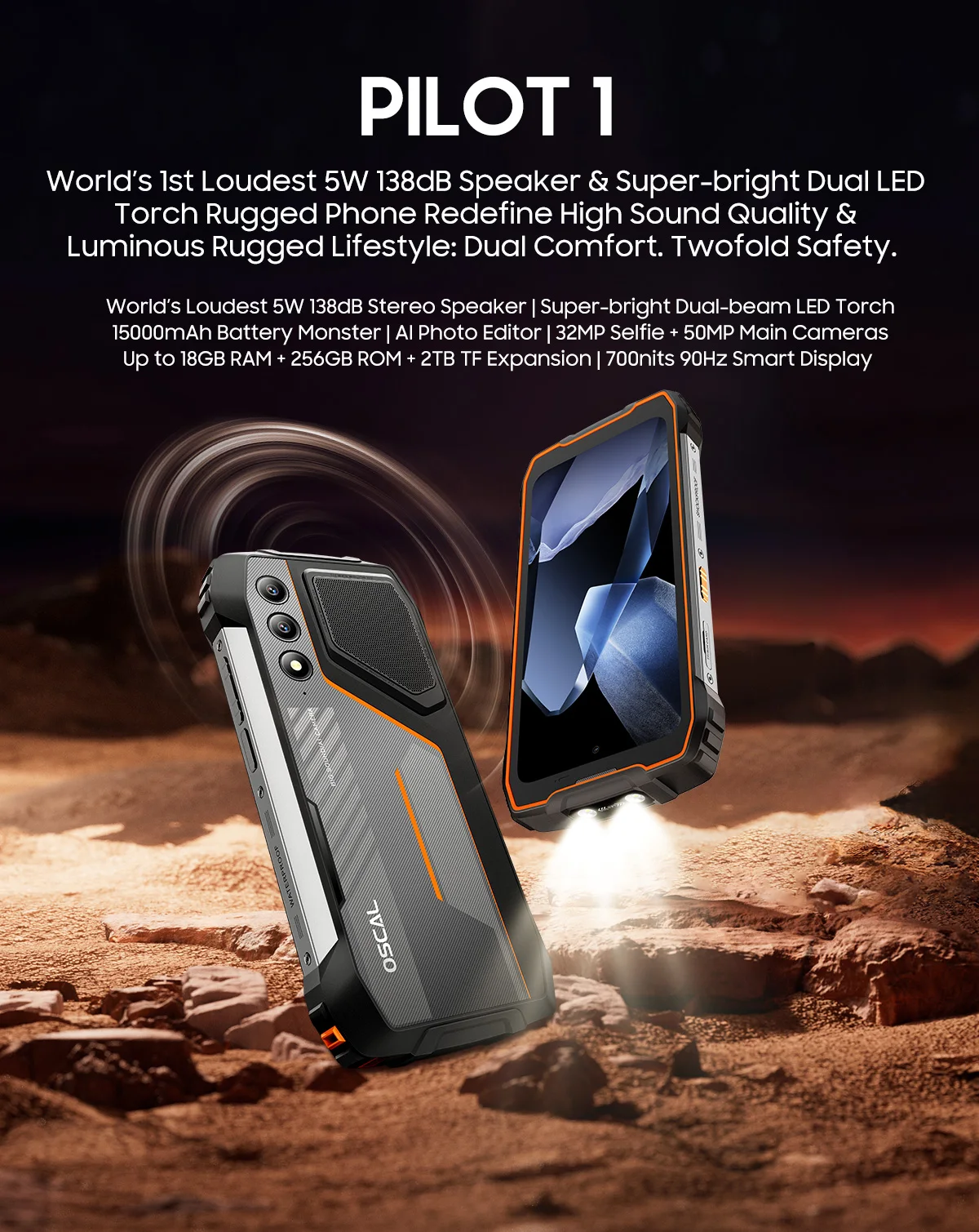 OSCAL Pilot 1 6.67'' Rugged Phone, Gemini AI Android 14 Waterproof Outdoor Phone 8GB+256GB, Octa Core, 15000mAh (33W), Dual 4G