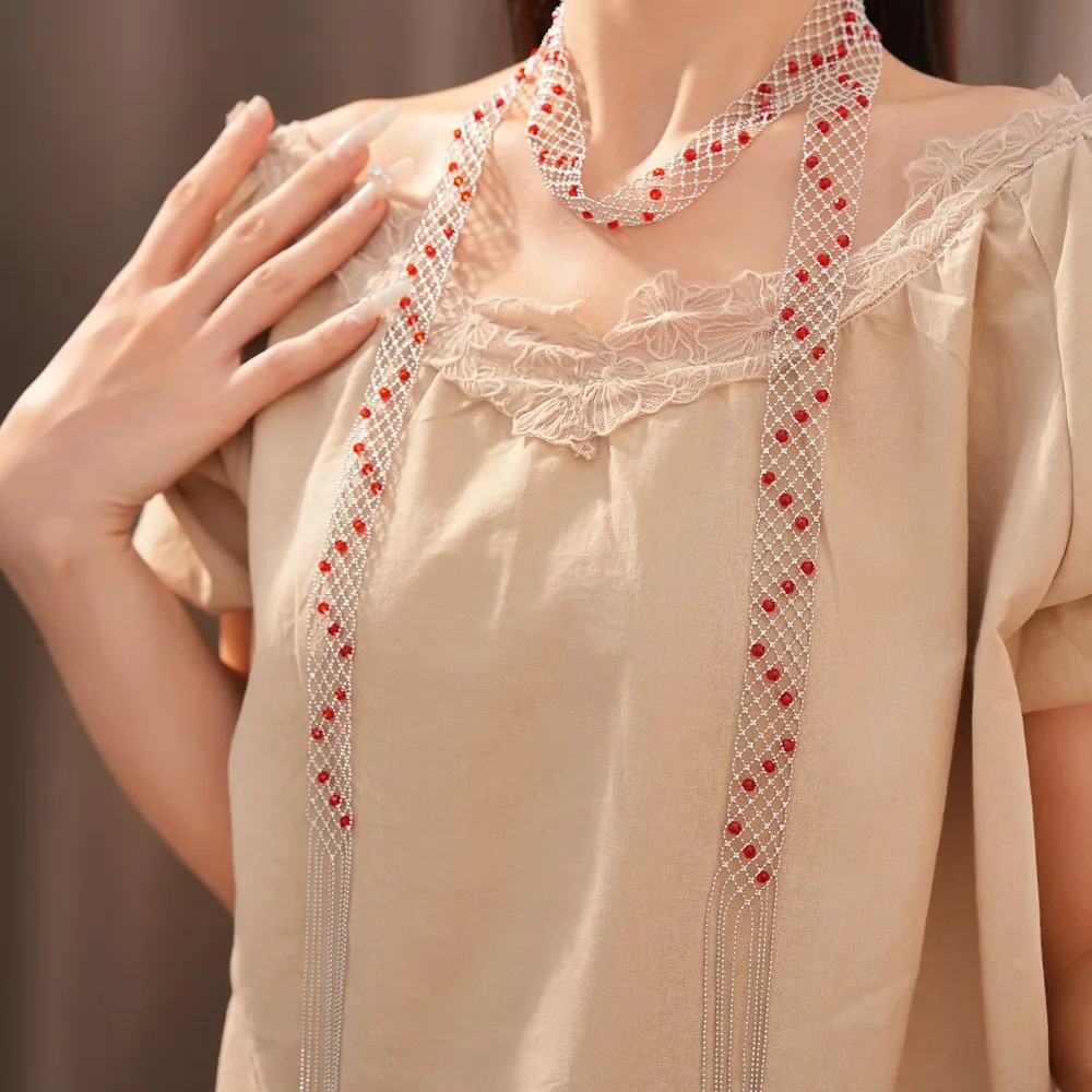 Exquisite Luxury Silver Tone Openwork Mesh Glass Bead Long Necklace for Women Tourist Souvenir Festival Celebration Jewelry Gift
