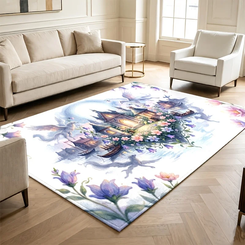 Fantasy Castle Pegasus Watercolor Area Rug Floral Moonlight Magical Scene Print Large Floor Carpet for Home Art Decor area rug