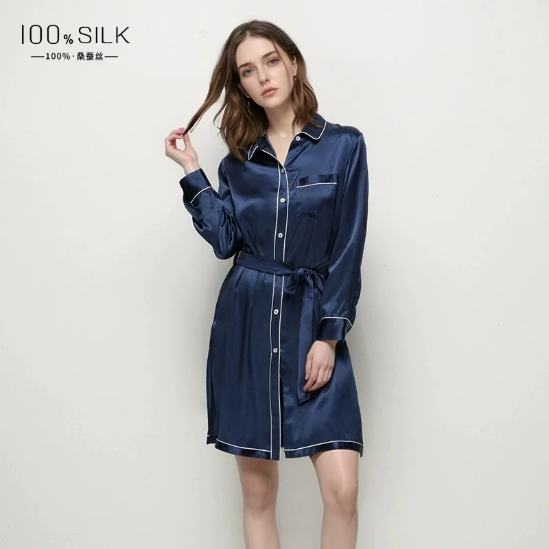 2025 Summer New Style Silk Nightdress for Women - 100% Mulberry Silk, Long-sleeved Collared Loungewear Cardigan Shirt Dress