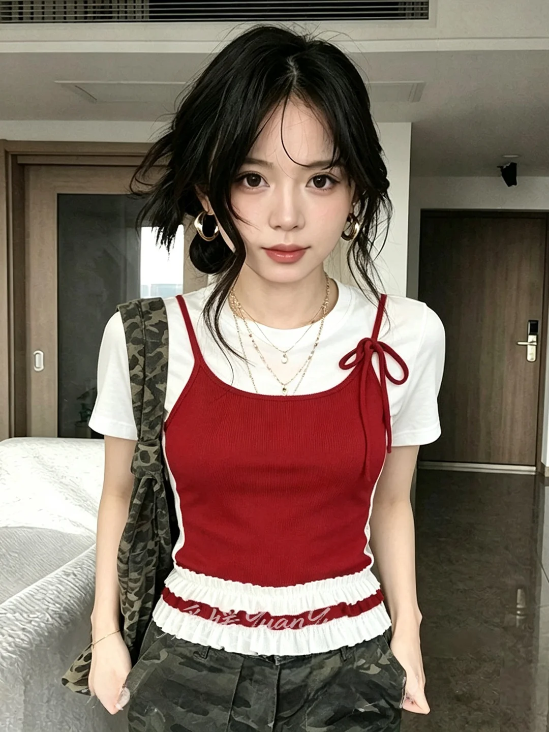 Sweet Color Block Short Sleeve Women's Top Slimming Shoulder Bore Splice Casual Style Summer New Arrival Polyester Fabric