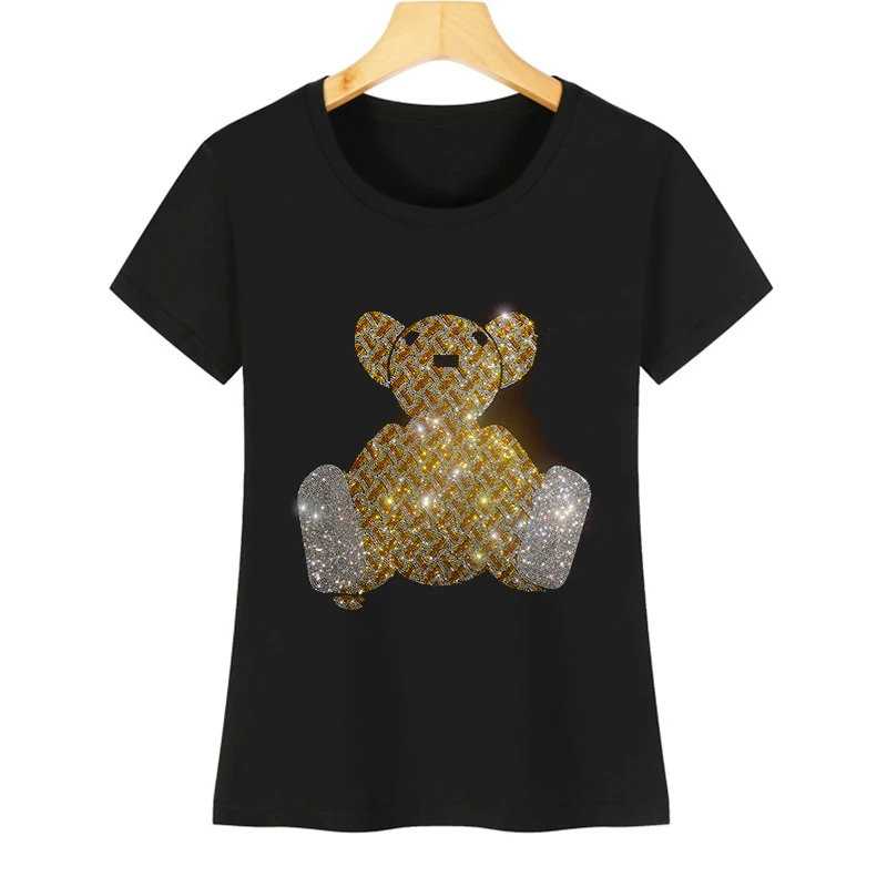 

Women's t-shirt short-sleeved summer round neck t-shirt women's crystal bear pattern cotton shirt 2022 new tops