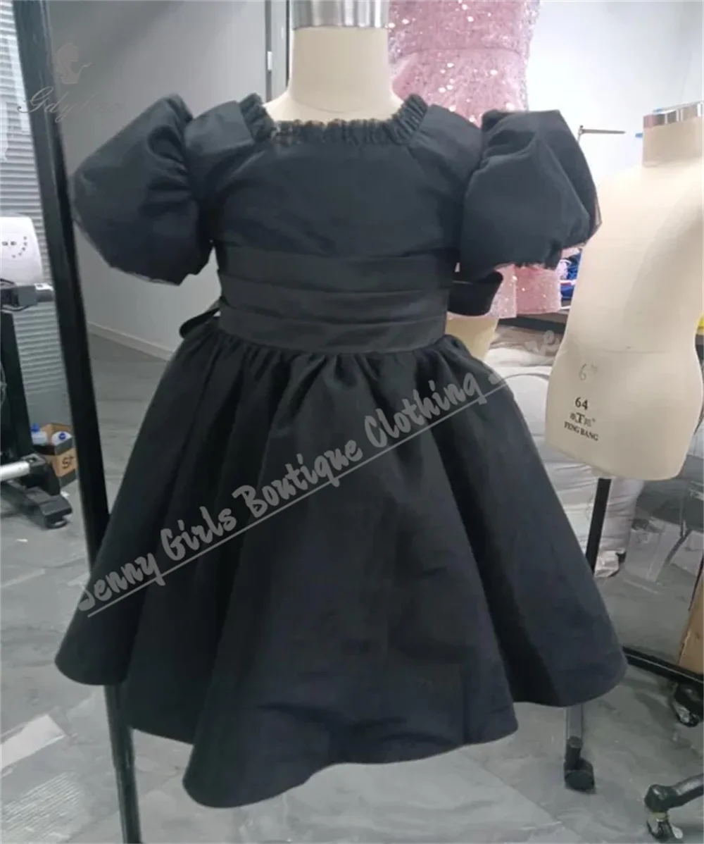 Black Lace Neckline Cute Girl Party Dress With Puff Short Sleeves Knee-length Children's Birthday Event Dress Customizable