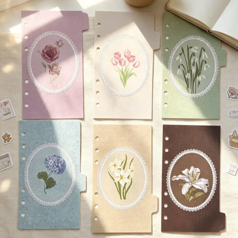 Vintage Floral Lace Border A6 Six-Hole Divider Pages Planner Classification Index Pages 6-Piece Set Office Stationery