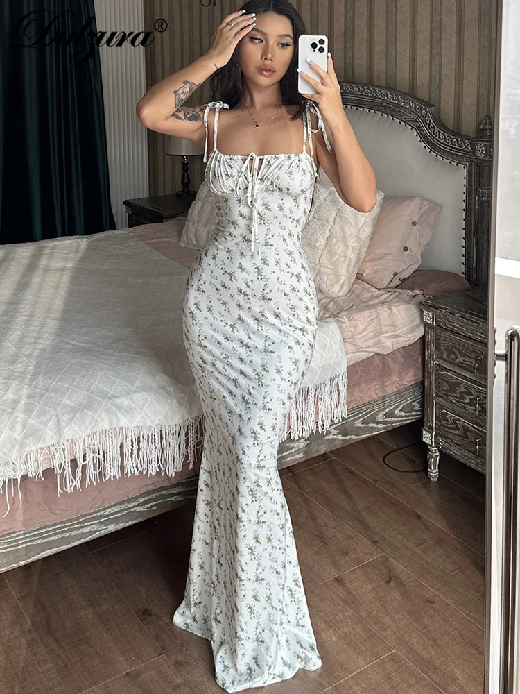Dulzura Women Sexy Y2K Clothes Floral Print Lace Up Sleeveless Backless Ruffle Bodycon Maxi Dress
