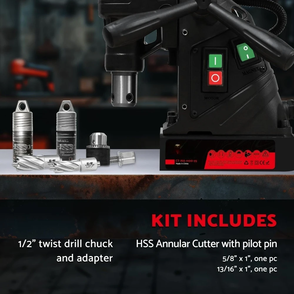 BEST- مجموعة أدوات ضغط المثقاب المغناطيسي المحمولة بقدرة 1100 وات، سرعة تحميل 700 دورة في الدقيقة، أقصى عمق القطع 2"، القطر المملة القصوى 1-9/16 بوصة #5