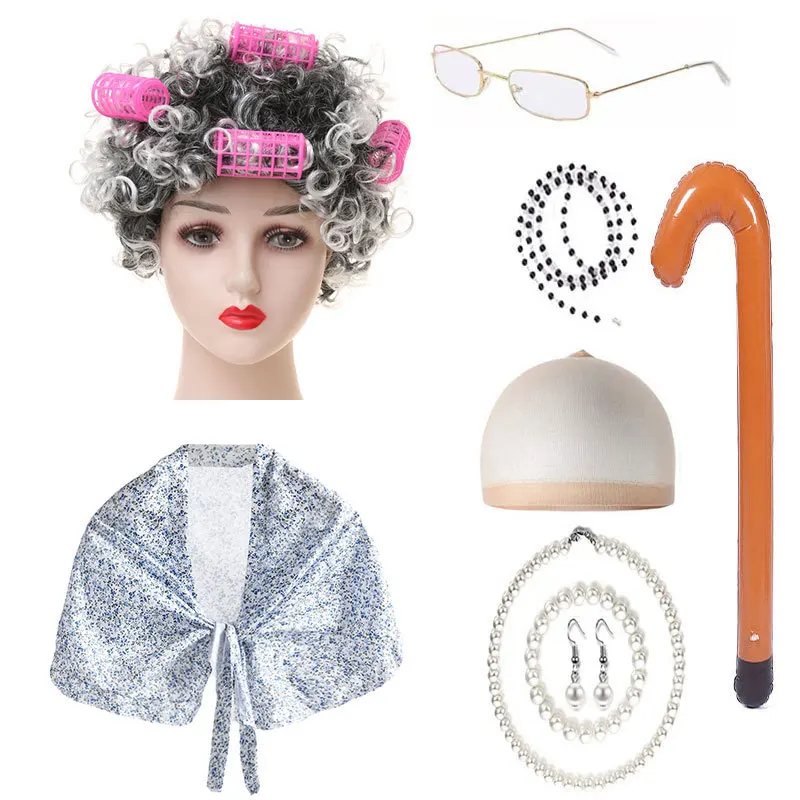Wig Nenek Terlaris Karena Alat Peraga Pertunjukan Tari Halloween Set Wig Rambut Keriting Abu-abu