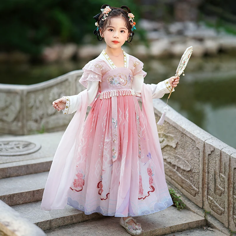 

Chinese Style Kids Traditional Cheongsam Costume Dress Girls Pink Floral Qipao Top China Princess Party Elegant Dress For 4-14Y