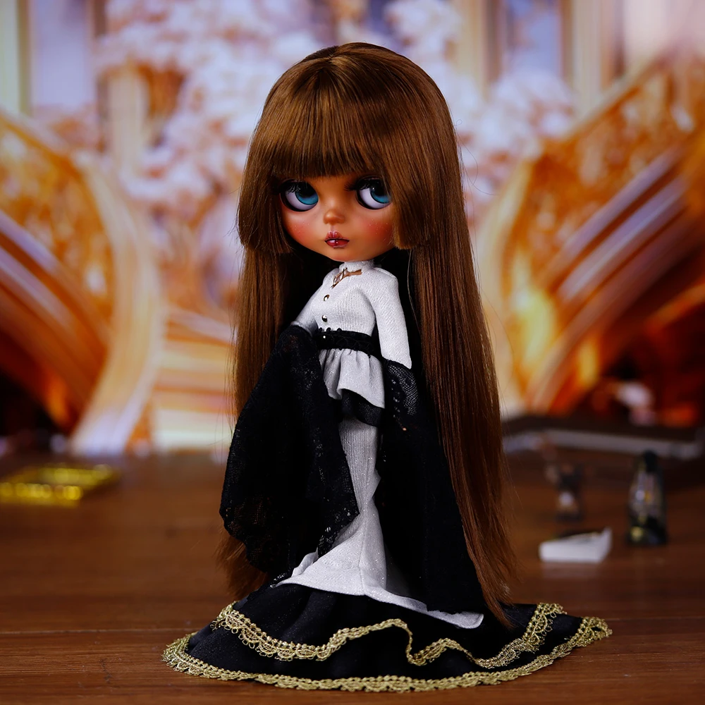 ICY DBS Blyth Doll 1/6 BJD Brown Jellyfish Head Straight Hair Custom Hand drawn Face Shell Carving Eyebrow, Lips, and Face Gift