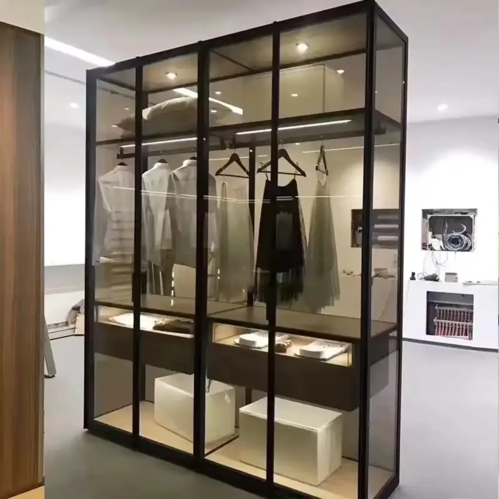 Luxury Modern Led Light Aluminum Frame Glass Door Wardrobe for Bedroom Living Room & Dining