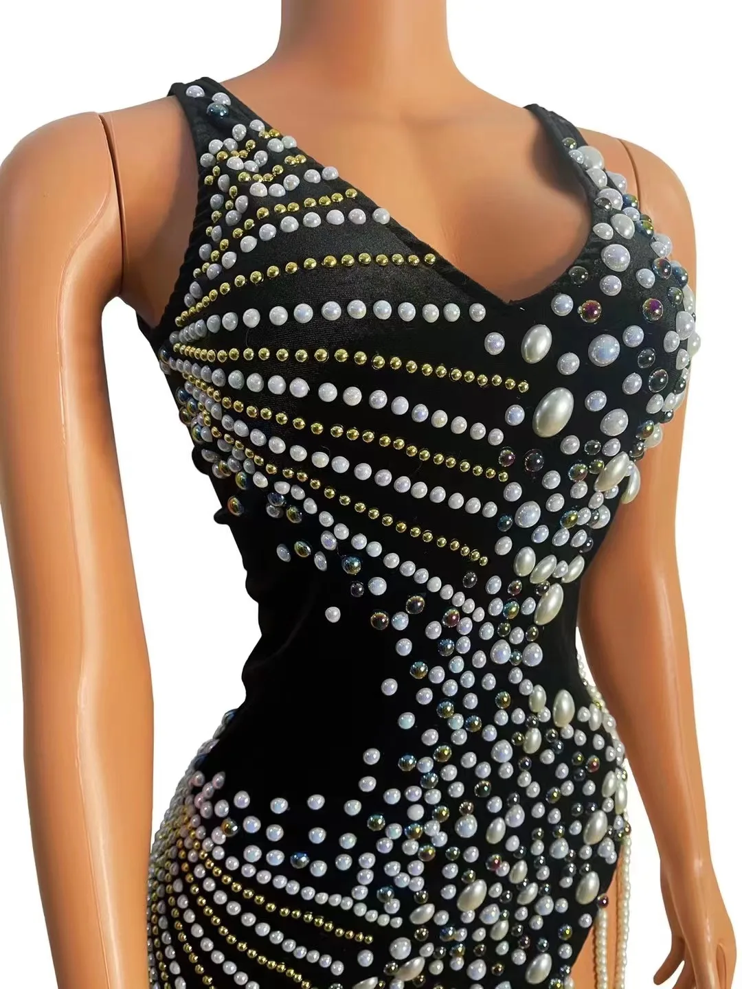 AK costume nightclub bar girl velvet full diamond pearl slit tassel skirt singer hand model