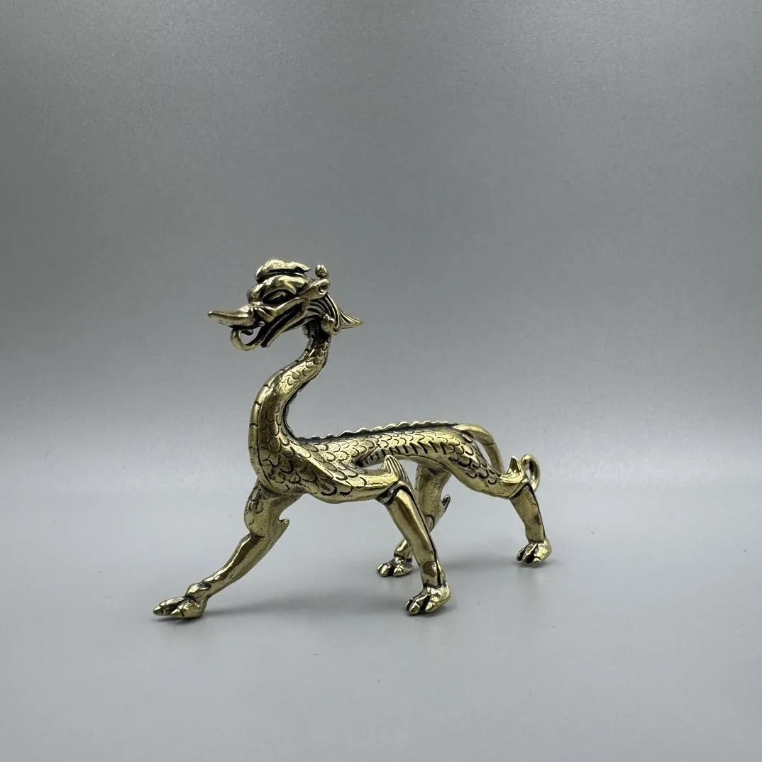 Chinese Retro Brass Walking Chi Dragon Sculpture Mythical Beast Figurine Tabletop Home Office Decoration Ornament