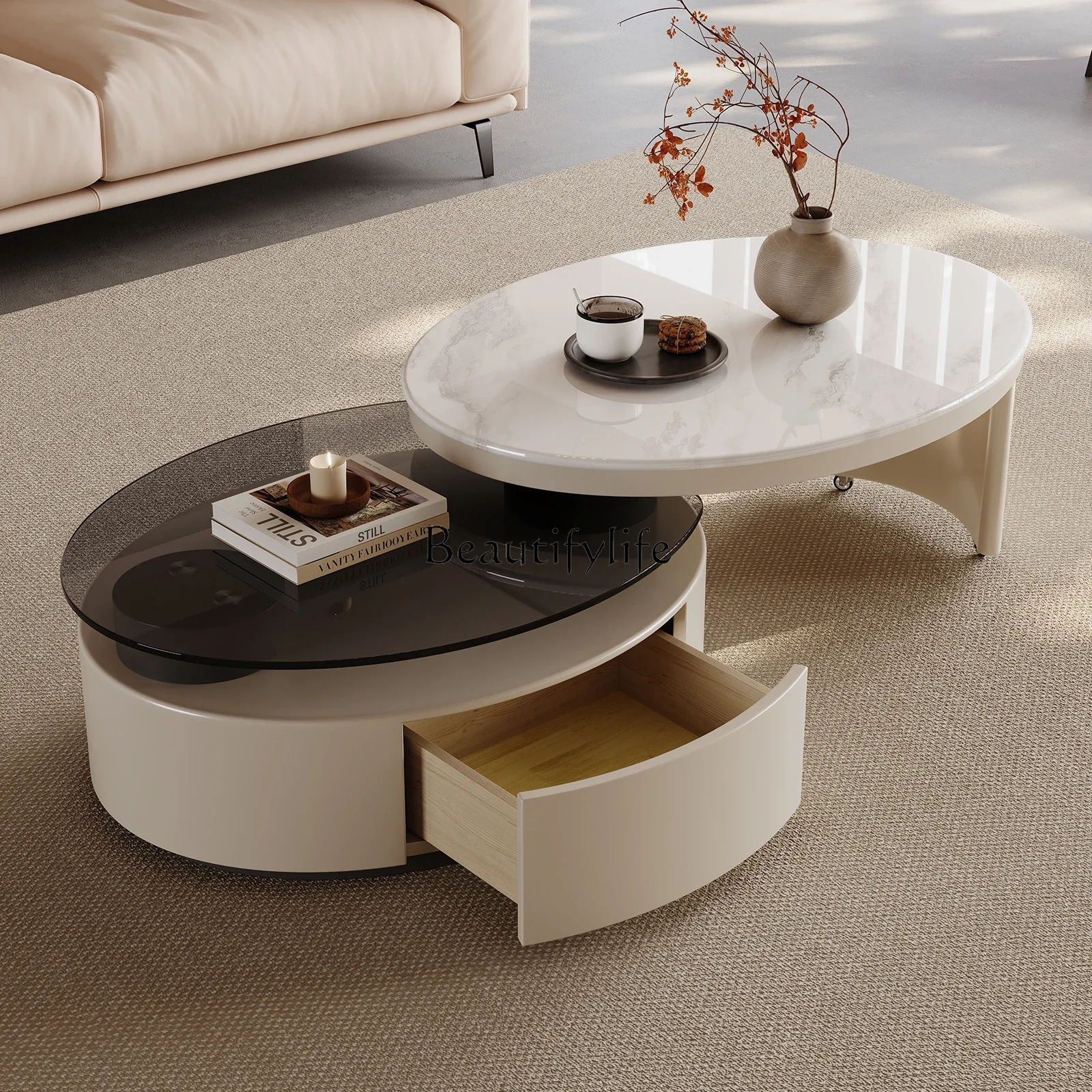 Living room glass rotating coffee table cream wind small apartment modern simple supercrystalline stone high sense