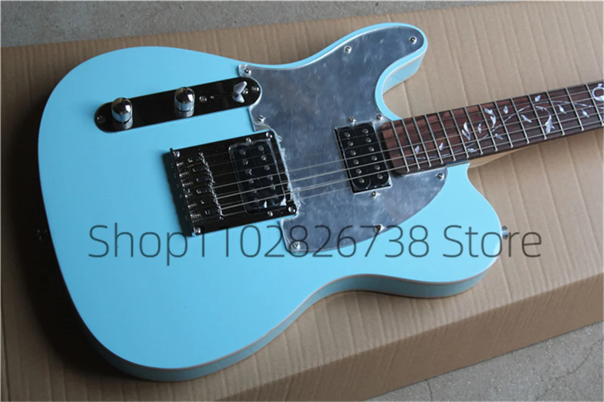 Classic Left Hand Blue Electric Guitar Te Guitar HH Pickups The Tree of Life Inlay Mirror Guard Fixed Bridge   Factory Custom