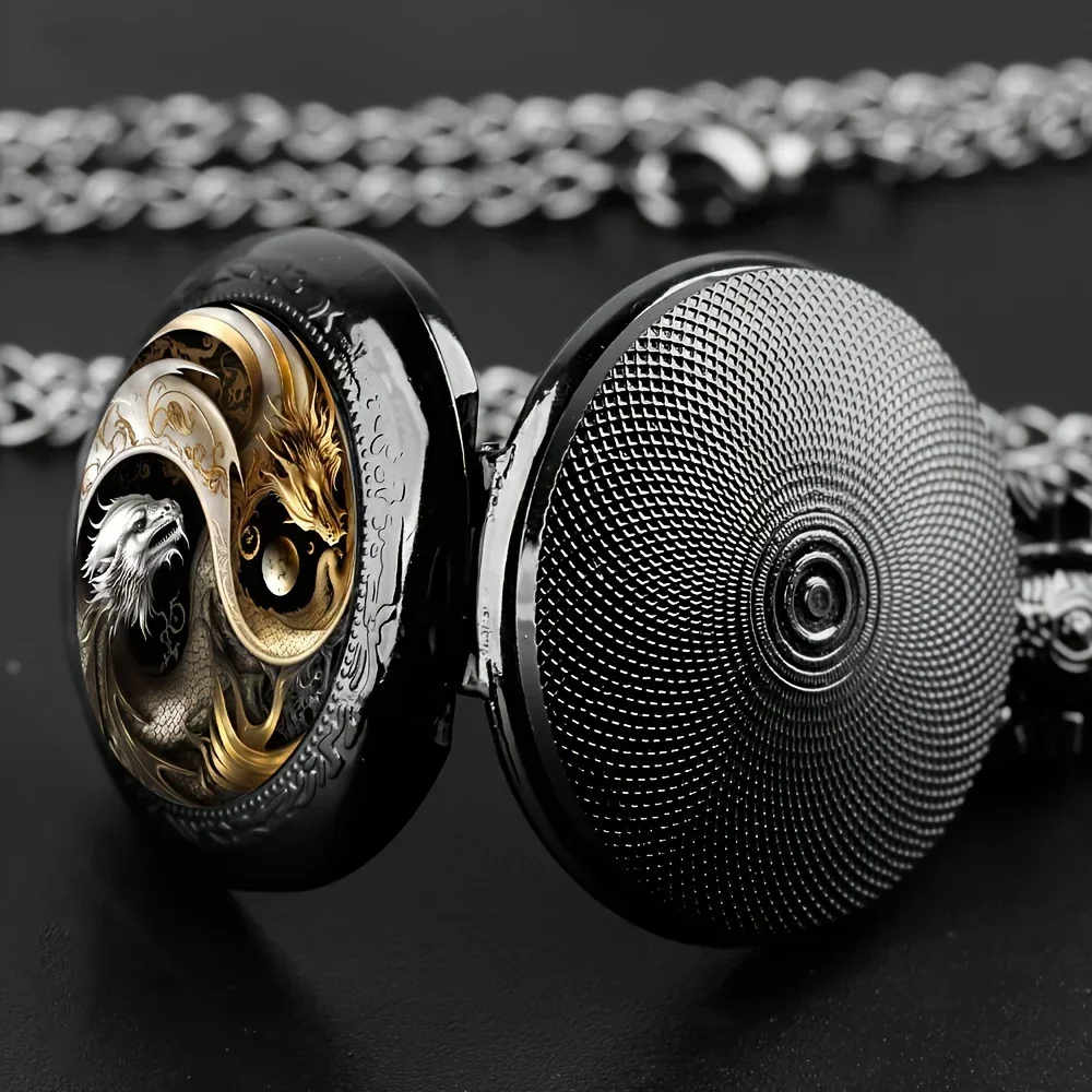 Retro Golden And Silvery Double Dragon Quartz Pocket Watch