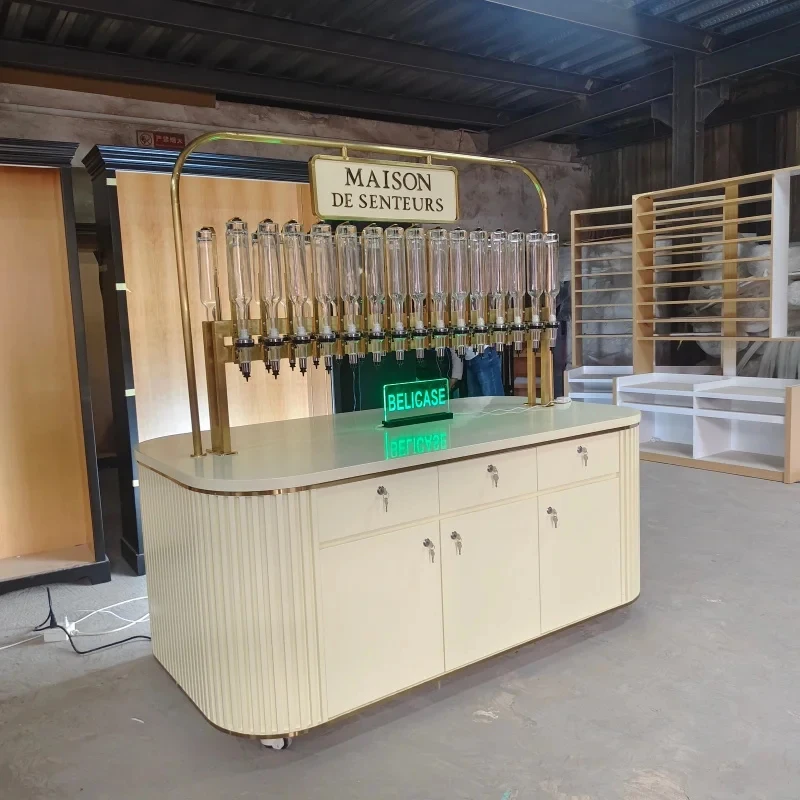 custom.Fashion Style Modern Display Metal Racks Decoration LED Light Perfume Dispenser bar with