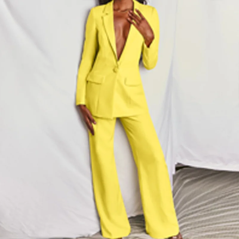 Spring Elegant Solid Long Sleeve Blazer Suit and Pants Two 2 Piece Set for Women Autumn Classic OL Street Outfit