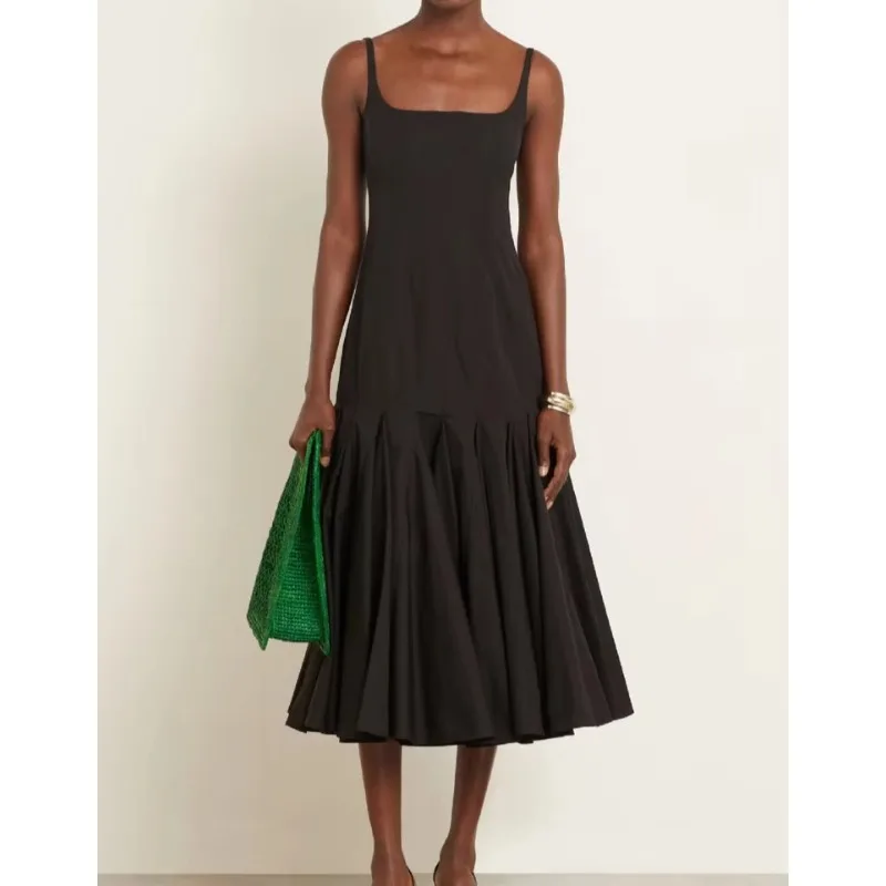 Spaghetti Strap Backless Sexy Maxi Dress Women Black Off-shoulder Sleeveless High Waist Pleated Club Party Long Dresses