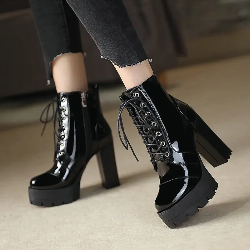 Ultra-high heel boots women round head thick with waterproof platform lace-up boots patent leather high-heeled boots boot - Image 3