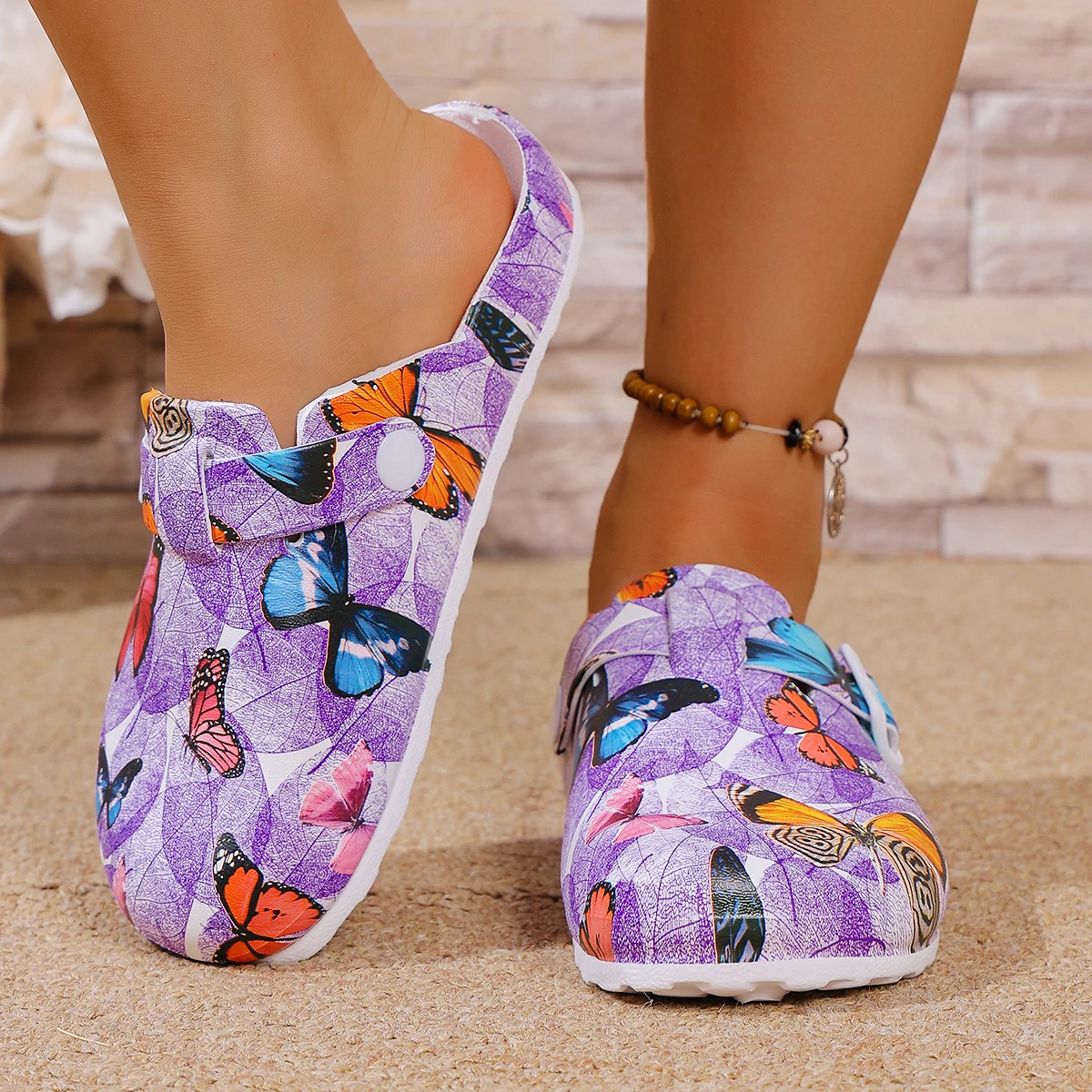 Ladies' Home Slippers, Comfortable and Elegant Purple Butterfly Print, Wedge Heel Sandals, Suitable for Seaside Walks, Closed-To