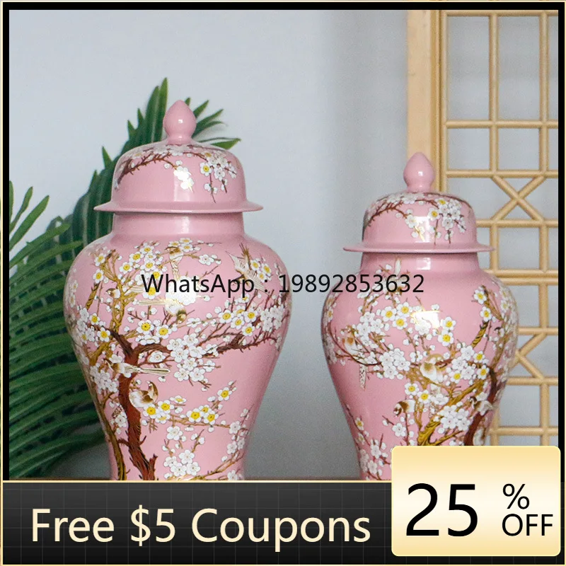 

LYY Pastoral Flower and Bird Vase with Lid Pink Romantic Living Room Model Room Dining Room Decorative Flower Arrangement