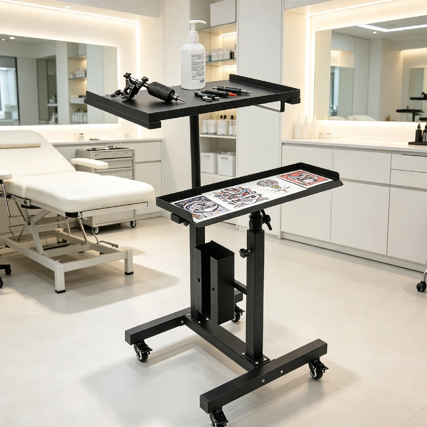 2-Tier Versatile Tool Tray Cart, Height Adjustable Tattoo Work Table, 59.5*61*97cm Freestanding Table Station for Artist Studio and Beauty Salon