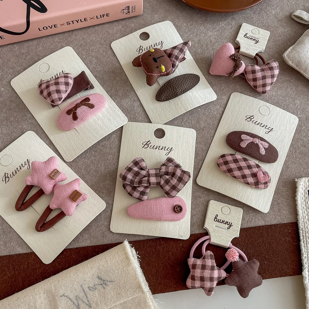 

2pcs Pink Coffee Plaid Bow Hair Clip Hairpin Sweet Girl Love Bangs Side Clip Hairpin Children's Hairpin Kids Hair Accessories