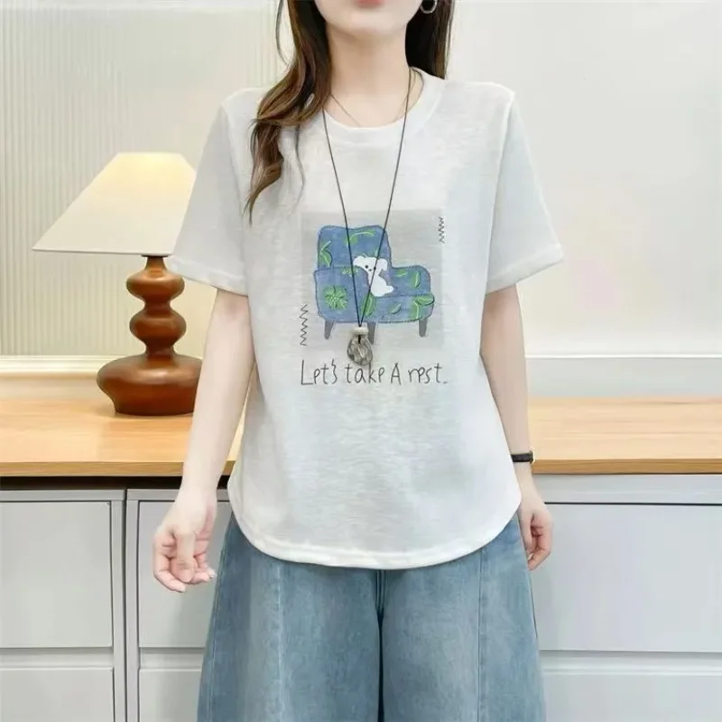 Womens Snow Cotton T Shirt Cartoon Bear Print Curved Hem Loose Plus Size Short Sleeve Summer Tops