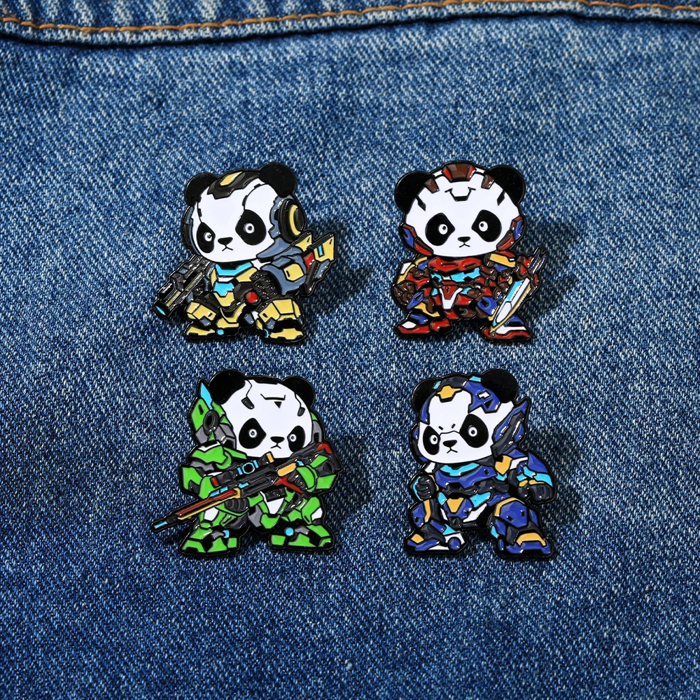 4 Styles Funny Mech Panda Warrior Design Enamel Brooches Cute Armored Animals Soldier Shaped Pins Freeshipping