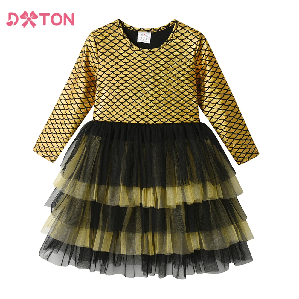 DXTON Children Christmas Gift 2025 Xmas Party Princess Dress Golden Elegant Layer Cake New Year Holiday Kids Girls Dress 3-10Yrs