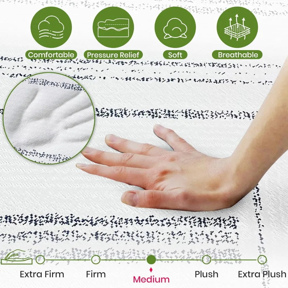 مرتبة 10 بوصة، مرتبة إسفنجية الذاكرة من جل التبريد متوسط القوة، مرتبة في صندوق، عزل الحركة، تخفيف الضغط