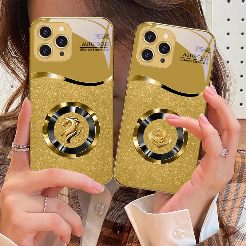 

Golden Circle Dragon Head For IPhone 16 Pro Max 15 P Ro 14 M Ax 13 Plus 12 Mini 11 XS Max XR Golden Tempered Glass Phone Case