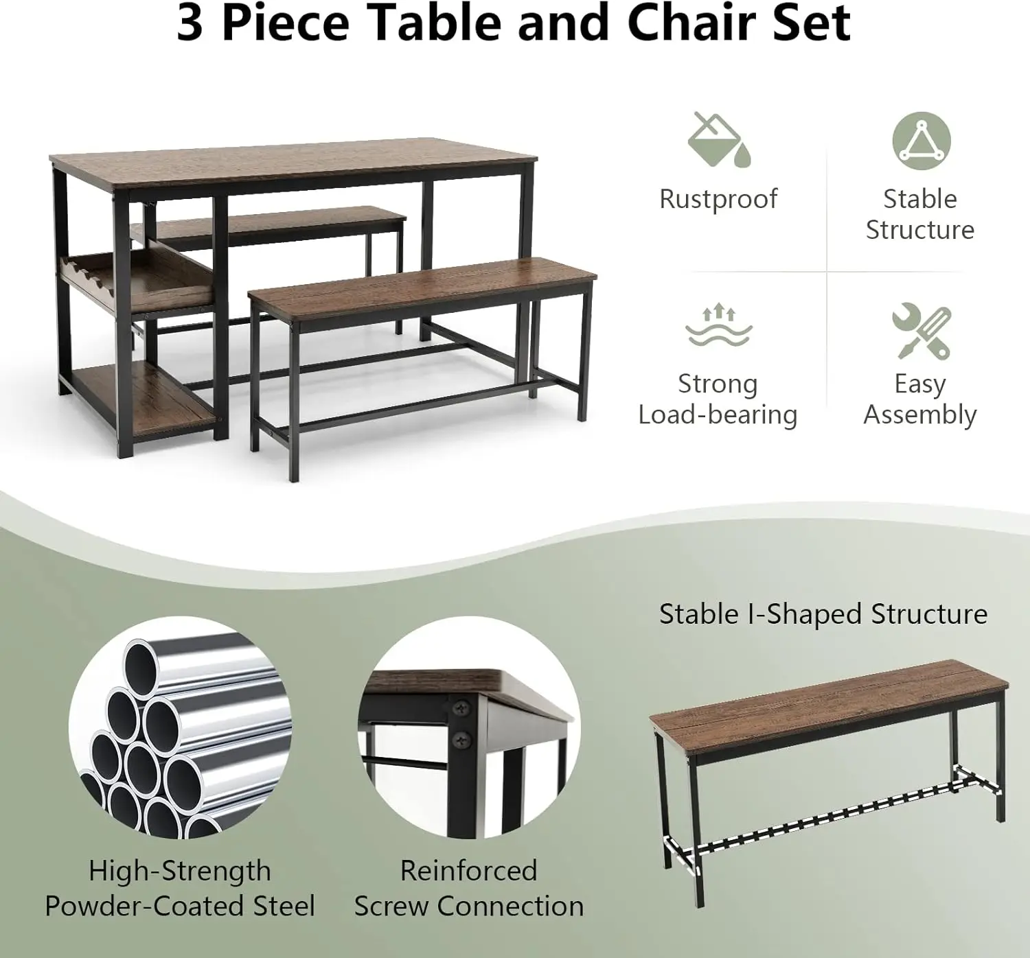 Ensemble de table à manger 3 pièces pour 4, table à manger de pub rustique avec 2 bancs, 2 étagères de rangement et porte-verre, petit-déjeuner